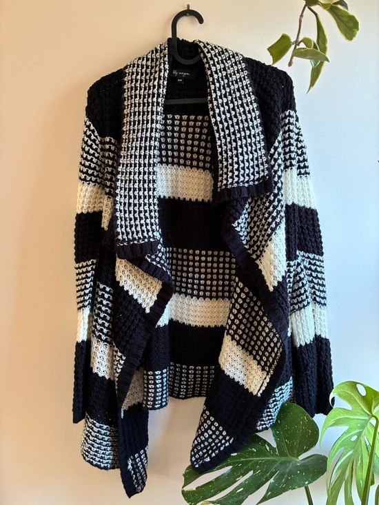 Lily Morgan Sweaters - Black & White Open-Front Women's Sweater Cardigan
